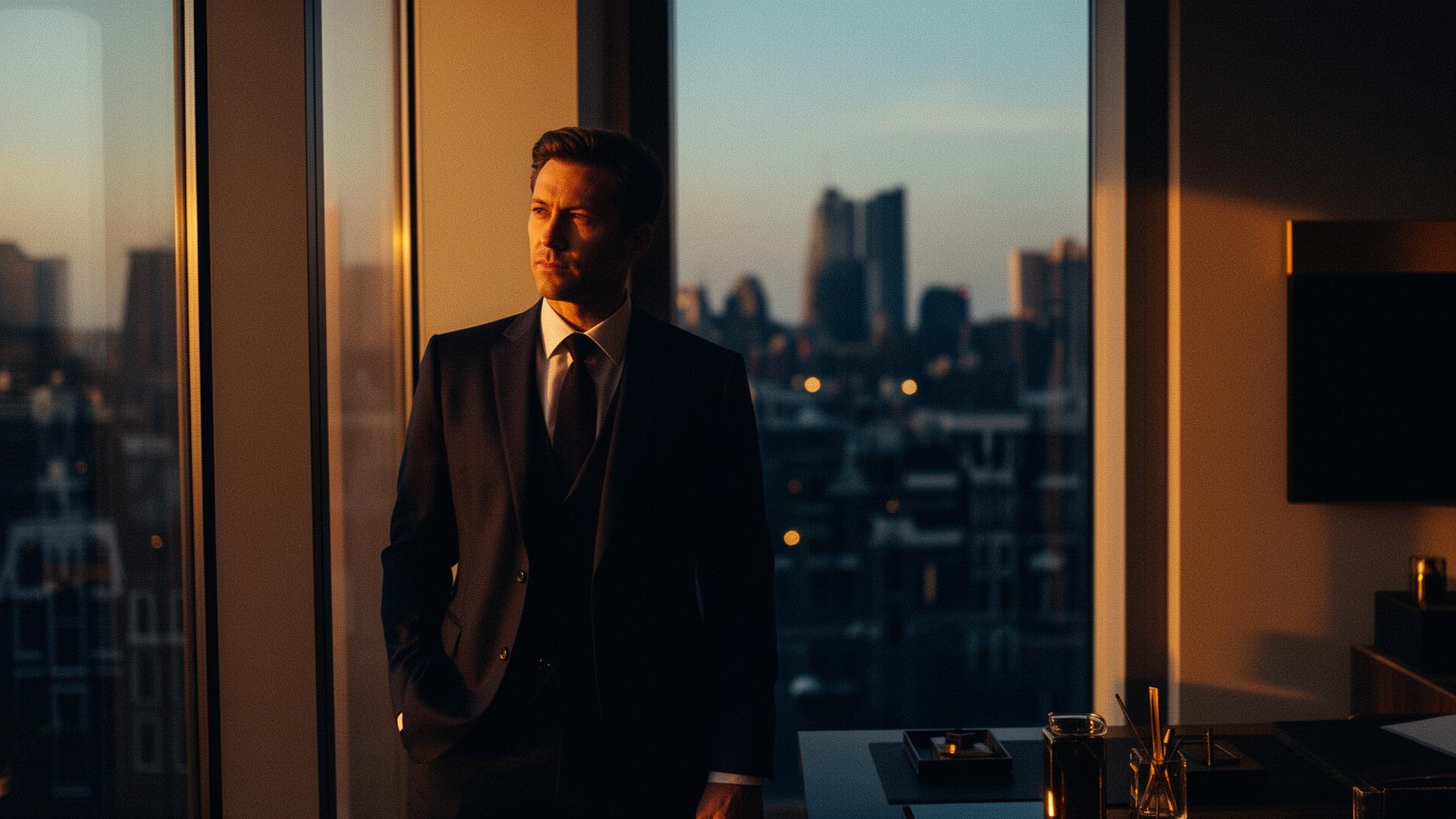 Vastgoedprofessional bij venster tijdens schemering